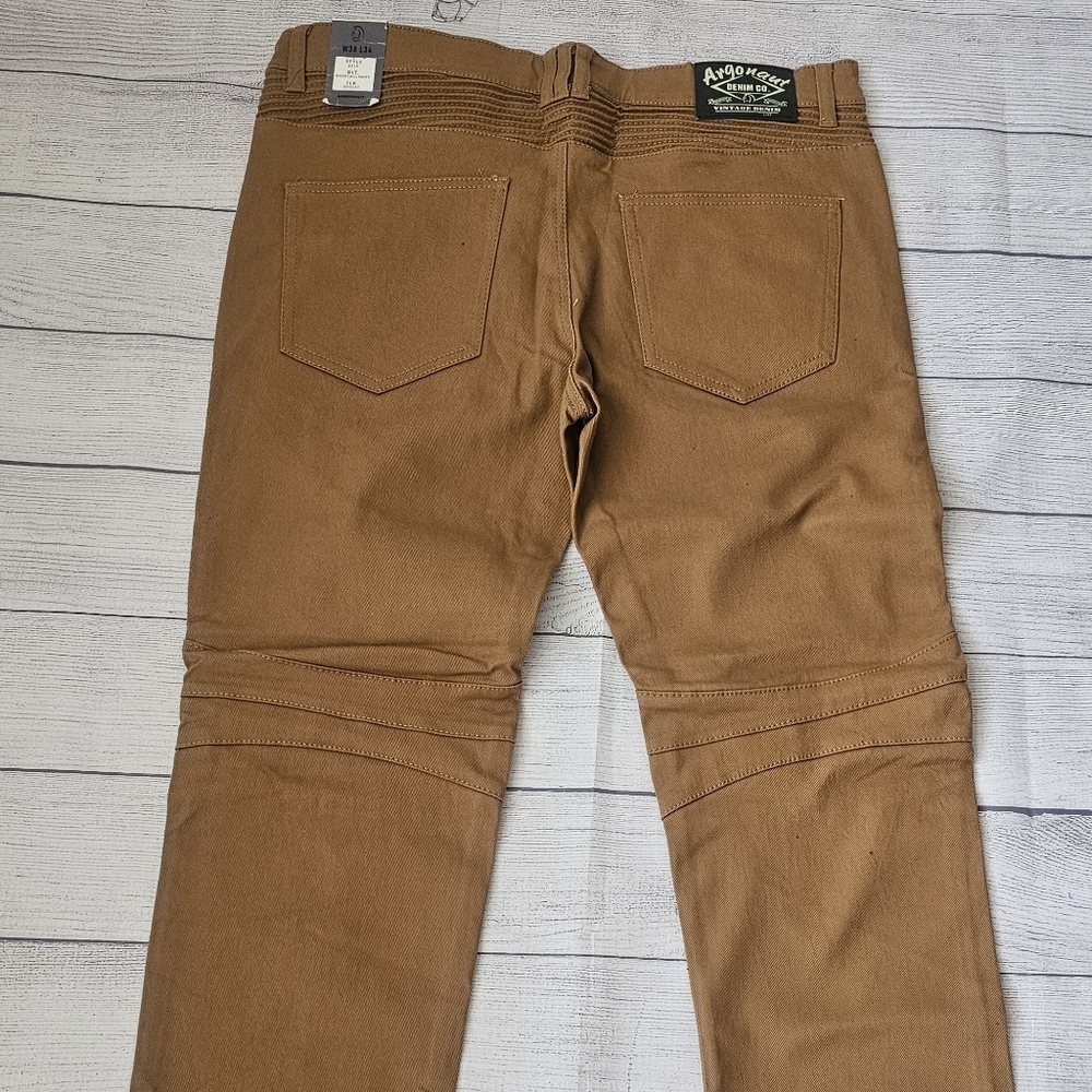 Men's Slim Straight Fit Biker Style Denim Jeans In Wheat/Timber - Picture 11 of 13